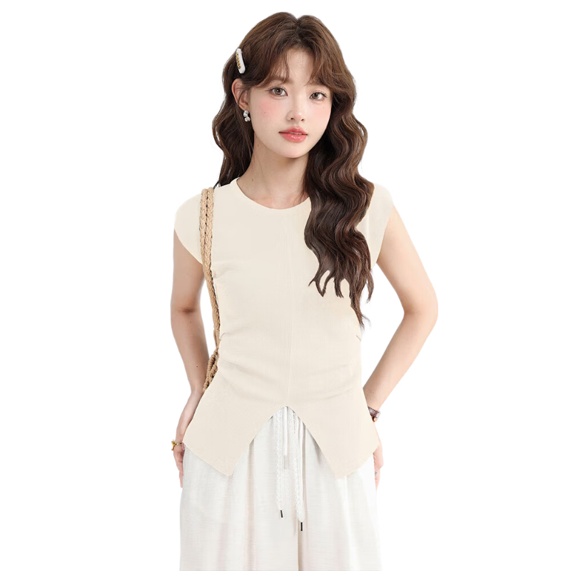 Jeanswest Women's Summer V-Neck Sleeveless Solid Color Pleated Waist-Slimming Split Top Black One Size