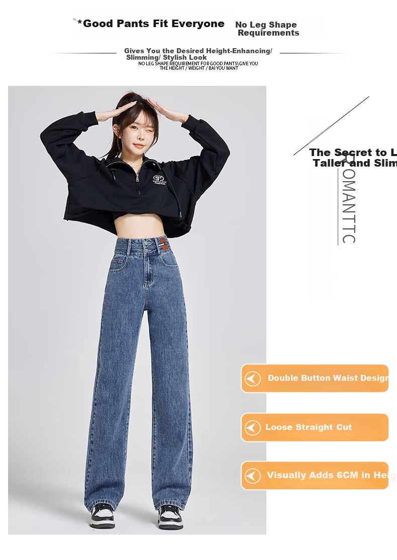 ROMON [American Casual Style] Women's Jeans, Summer High-Waist Versatile Loose Wide-Leg Slimming Straight Pants, Vintage Blue, Size M 2