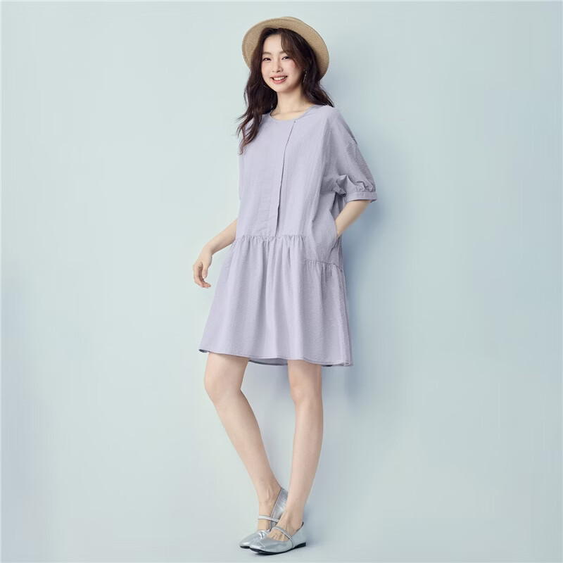 Giordano Women's Dress 2026 Summer Puff Wrinkle Pleated Round Neck Spliced Hem Dress 05466061