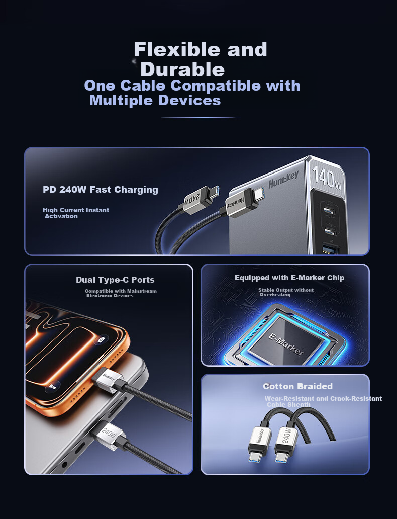 Huntkey 240W Braided Type-C 5A High Power CTOC Super Fast Charging Cable for Apple 17/Xiaomi Huawei Smartphones and Laptops 1.5m 1