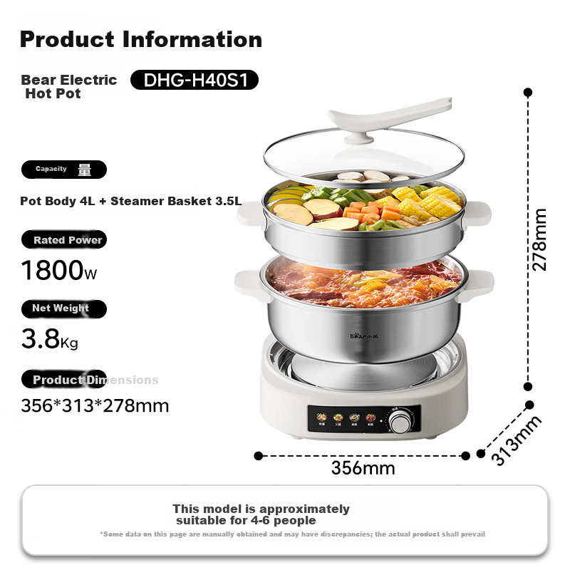 Bear 0-Coating Electric Hot Pot, Non-Stick Detachable Multi-Functional Stainless Steel Electric Cooker, 4L, Suitable for 4-6 People, Model 40S1