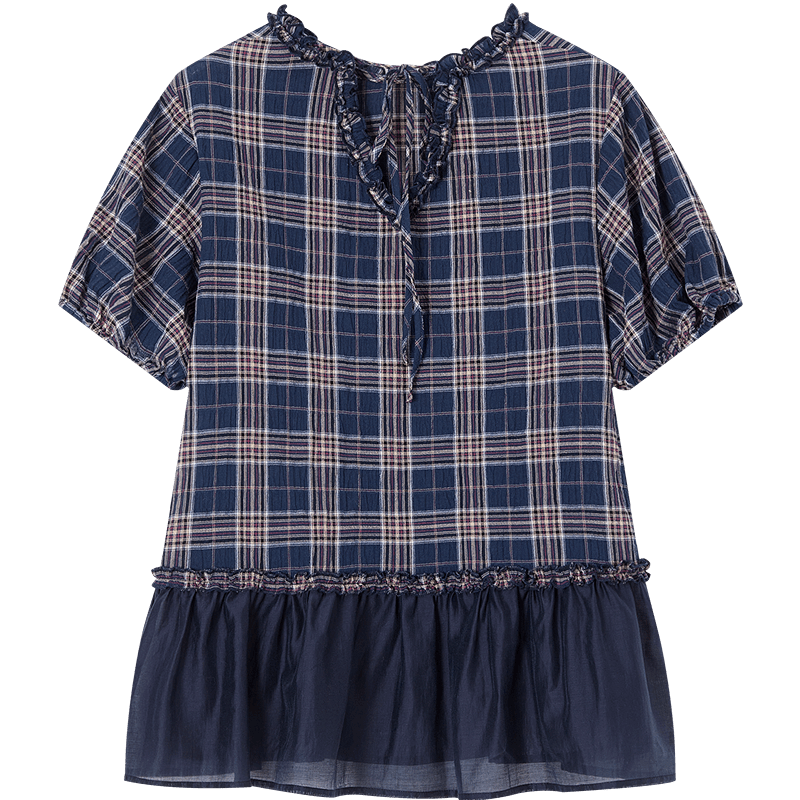 Demana Fresh Cloud Cotton Summer Ruffle Edge Plaid Patchwork Tie Short Sleeve Loose Slim Shirt for Women Premium Feel