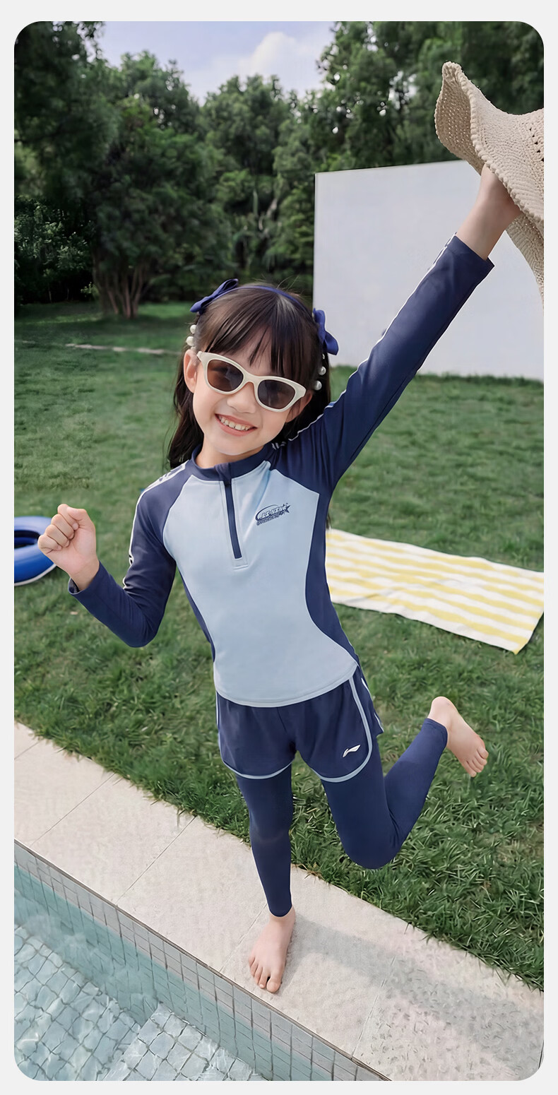 LI-NING Kids Girls Long Sleeve Long Pants Sunscreen Warm Split Professional Surfing Swimsuit Swimming Gear 1352 Blue 160 12