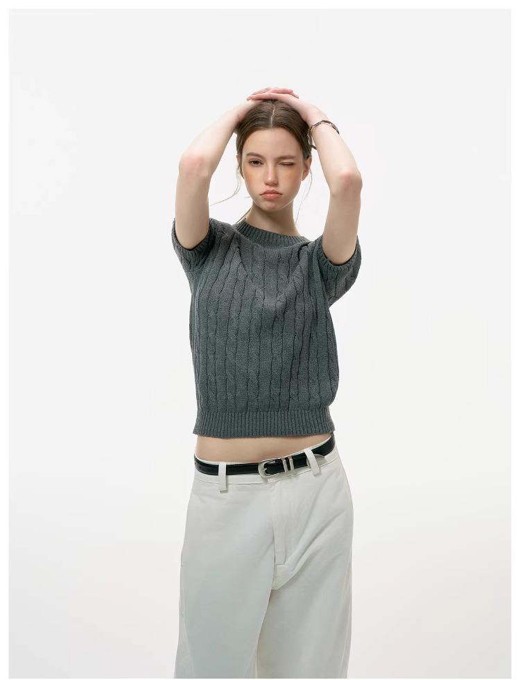 ICH MODE Intelligent Old Money Round Neck Cable Knit Short Sleeve Women's Summer Thin Mesh T-Shirt Pure Cotton Base Top Spring Off-White S 26