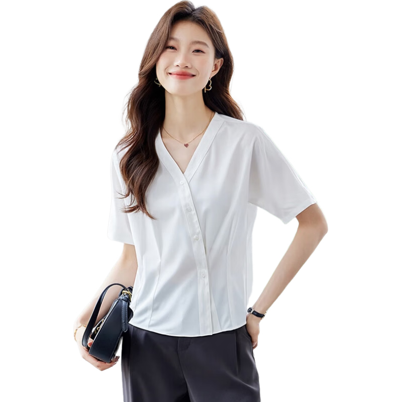 Jeanswest Women's Short Sleeve Shirt 2026 Summer French Style V-Neck Fashion High-End White Top XL