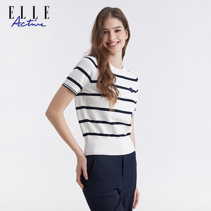 ELLE ACTIVE Colorblock Striped Knit Short Sleeve T-Shirt Women Casual Fashion Comfortable Versatile Crew Neck Top Summer Off-White S
