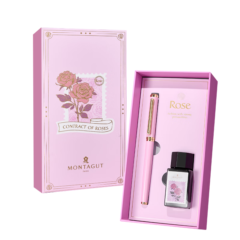 MONTAGUT [Mid-Autumn Festival Gift] Fountain Pen, High-End Birthday Gift for Women, Exquisite Companion Gift, Extra-Fine Nib, Ink Gift Box Set, 901A Pink Rose Series, 0.38mm