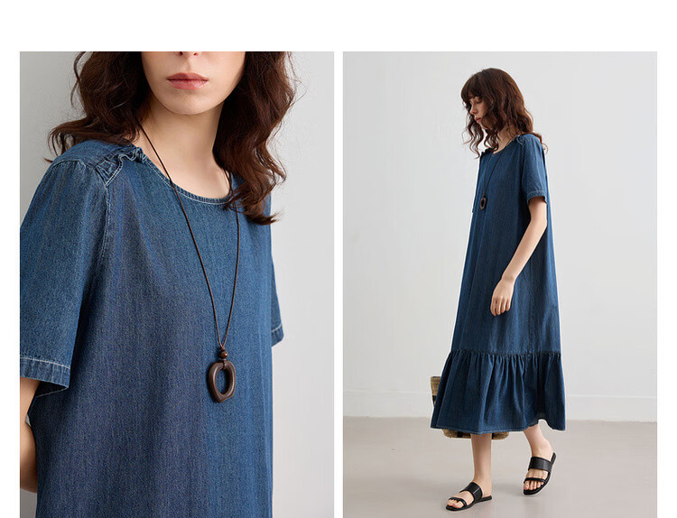 Demana Natural Cloud Oxygen Cotton Summer Vintage Casual Washed Round Neck Ruffle A-Line Slimming Women's Denim Dress 5