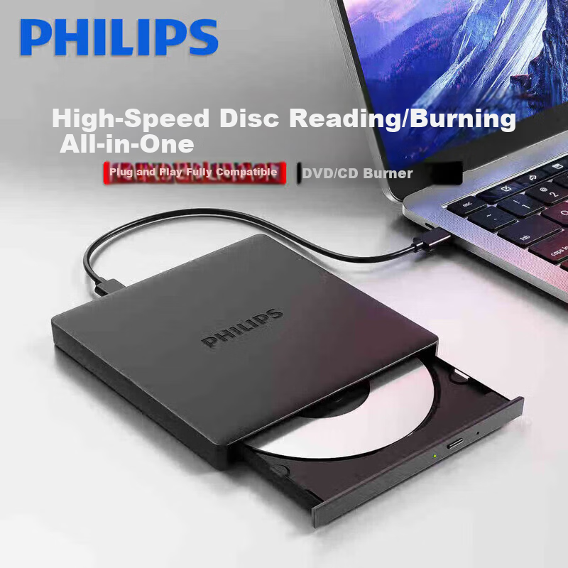 Philips 8x External DVD Drive Portable DVD Burner USB & Type-C Interface Compatible with Laptop and Desktop