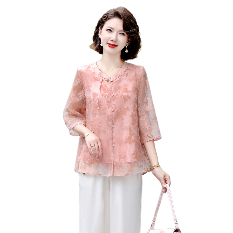 Hodo Middle-aged Elegant Mom Summer Chiffon Shirt Middle-aged and Elderly Women's Summer Cool Short Sleeve Two-piece Set Top