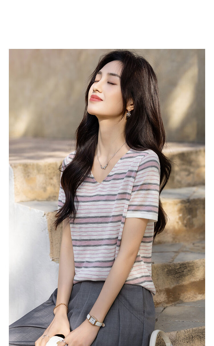 Demana [with Lyocell] Summer Lightweight V-Neck Striped Color-Block Short Sleeve Slim Fit Petite Knit Top for Women Premium Quality 14