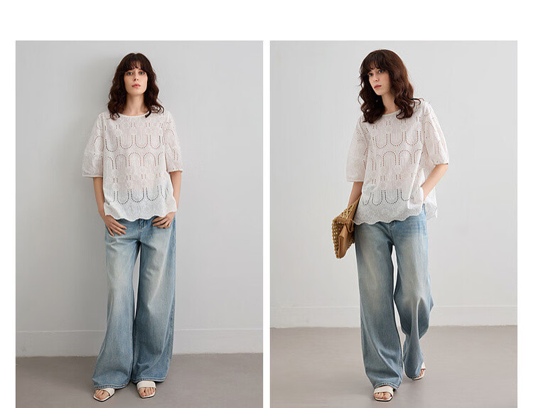 Demana Pure Cotton Light Life Summer Artistic Lace Embroidered Round Neck Shirt with Hem Lace Short Sleeve Blouse for Women 8