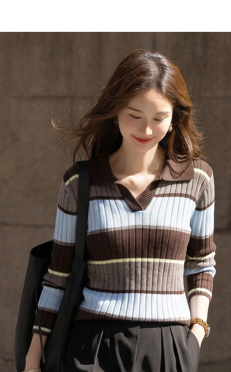Demana Fluffy Wool Autumn Literary College Lapel Colorblock Striped Loose Slim Knit Sweater for Women Premium Feel 4