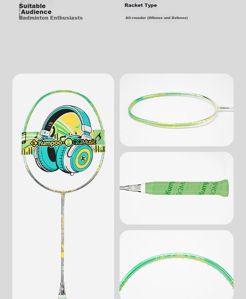 KUMPOO QQ Music Collaboration Full Carbon Ultra-Light All-Purpose Badminton Racket Silver Green (Pre-Strung) 10