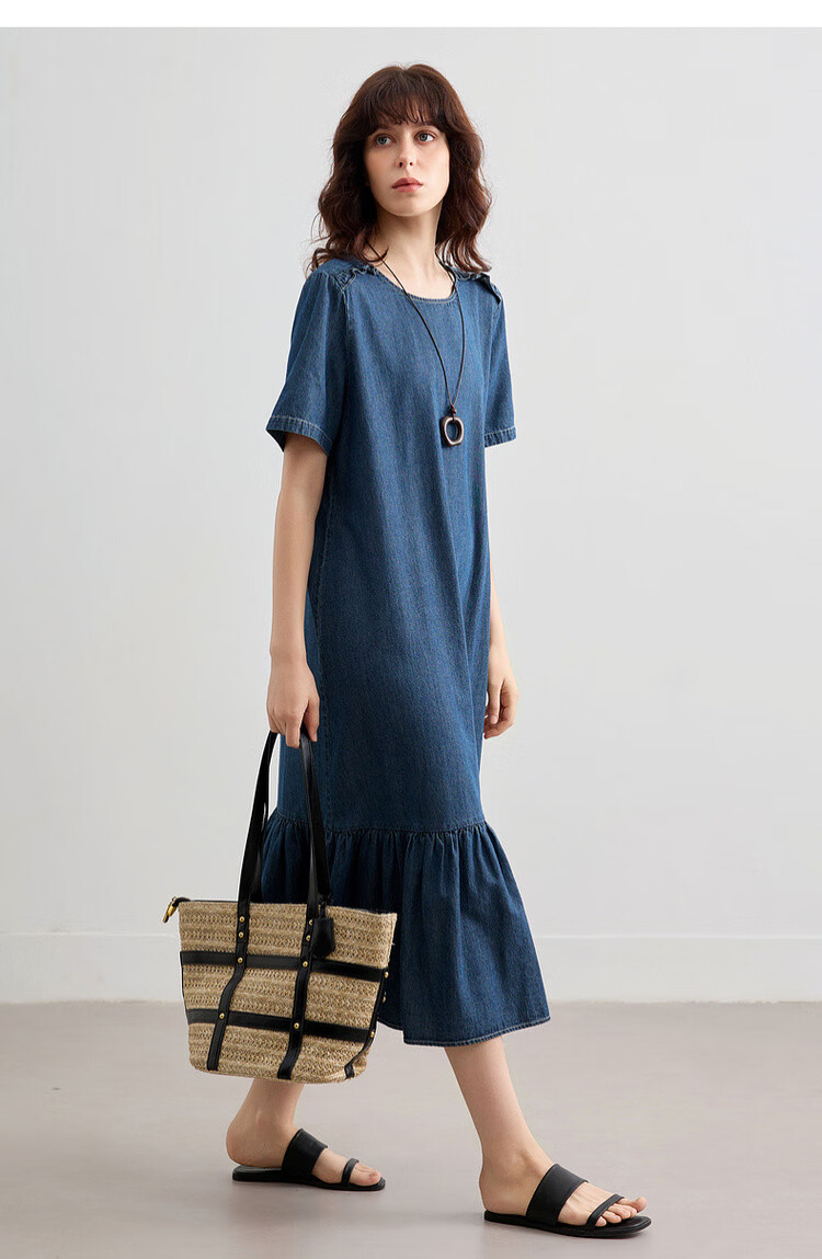 Demana Natural Cloud Oxygen Cotton Summer Vintage Casual Washed Round Neck Ruffle A-Line Slimming Women's Denim Dress 16