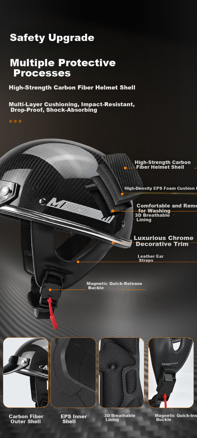 Mypick Carbon Fiber Retro Motorcycle Half Helmet 3C Certified Summer Lightweight Scooter Helmet High-End Safety Helmet Glossy Black XL (61-62) 4