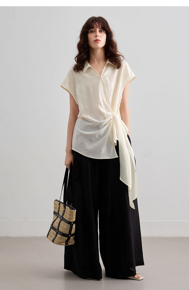 Demana [With Natural Linen] Summer Minimalist Side Knot Shirt Elegant Commuter High-End Blouse for Women 15