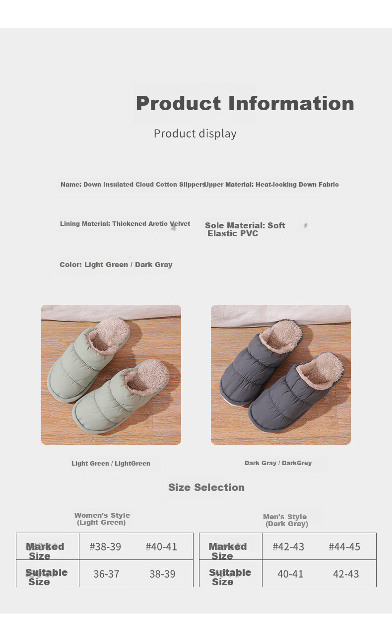 FOOTOPPO Women's Waterproof Down Cotton Slippers, Men's Simple Non-Slip Thick-Soled Warm Fleece Home Slippers for Winter 10