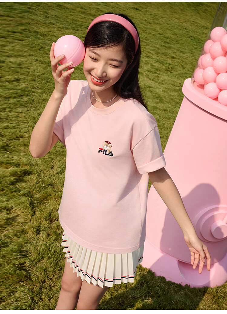 FILA Official 2026 Summer Couple Short Sleeve T-Shirt Casual Loose Fit Cotton Cat Knit Tee 42