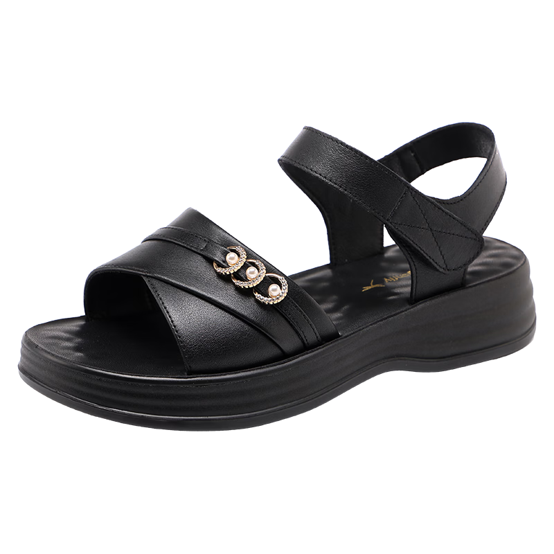 Red Dragonfly Women's Leather Velcro Sandals Thick Sole Soft Sole Lightweight Outdoor Casual Beach Shoes WTK264871 Black 39