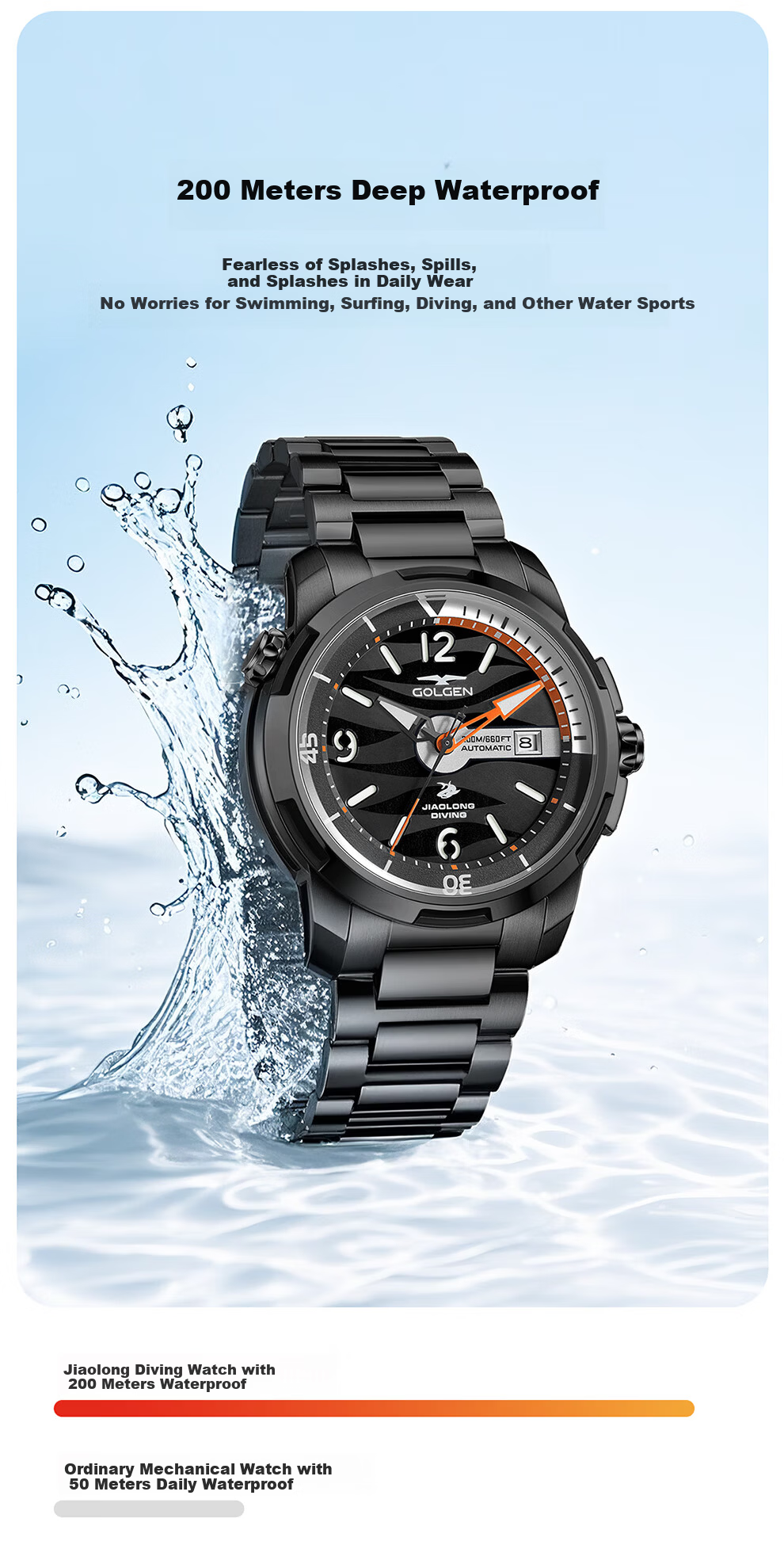 GOLGEN Men's Watch Jiao Long Large Dial Steel Band Sports Waterproof 200M Mechanical Watch Birthday Gift for Boyfriend 16020 3
