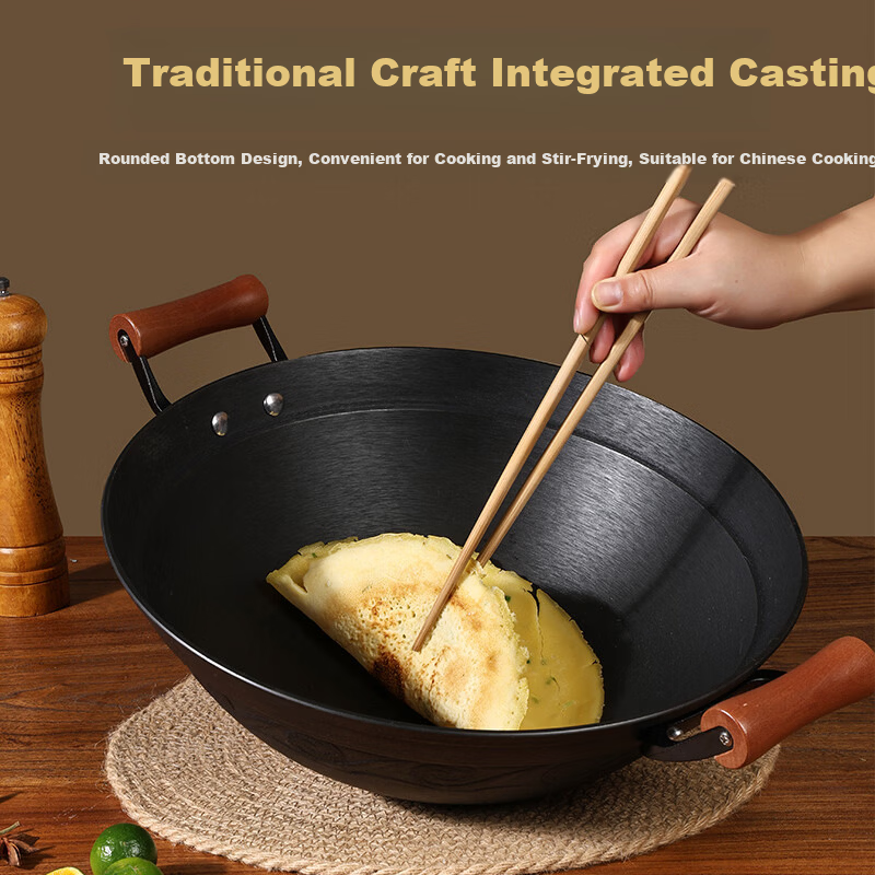 Yan Blacksmith Zhangqiu Cast Iron Double-Handle Wok Non-Coated Raw Iron Stir-Fry Pan Thickened Traditional Round Bottom 38cm