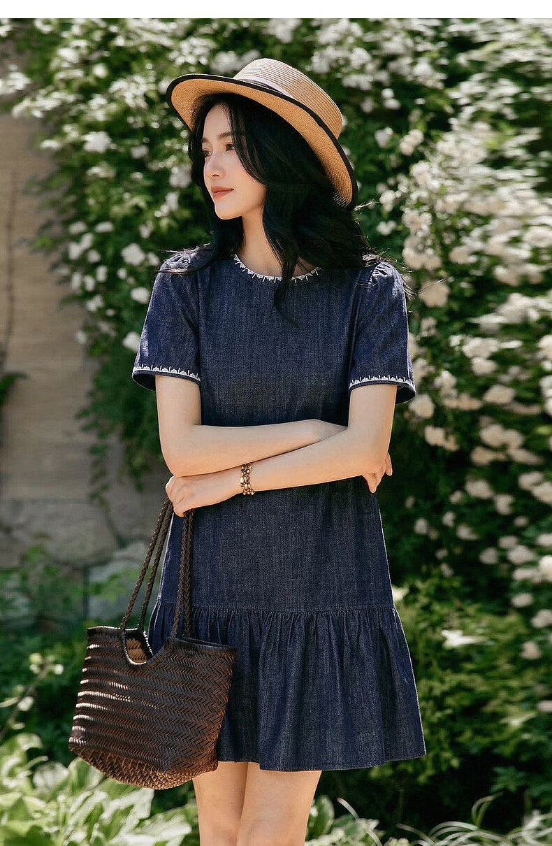 Demana [Oxygen Pure Cotton] Summer Retro College Embroidered Ruffle A-Line Denim Dress Slim Fit Mid-Length for Women 18