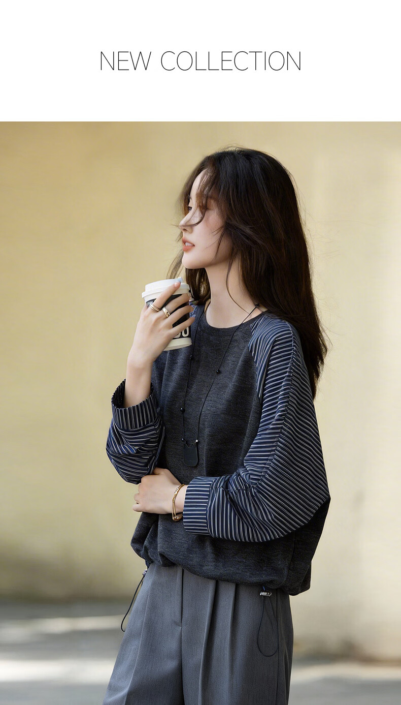 Demana [Free Relax] Autumn Simple Style Crew Neck Patchwork Striped Elastic Loose Slim Sweatshirt for Women Premium Feel 1