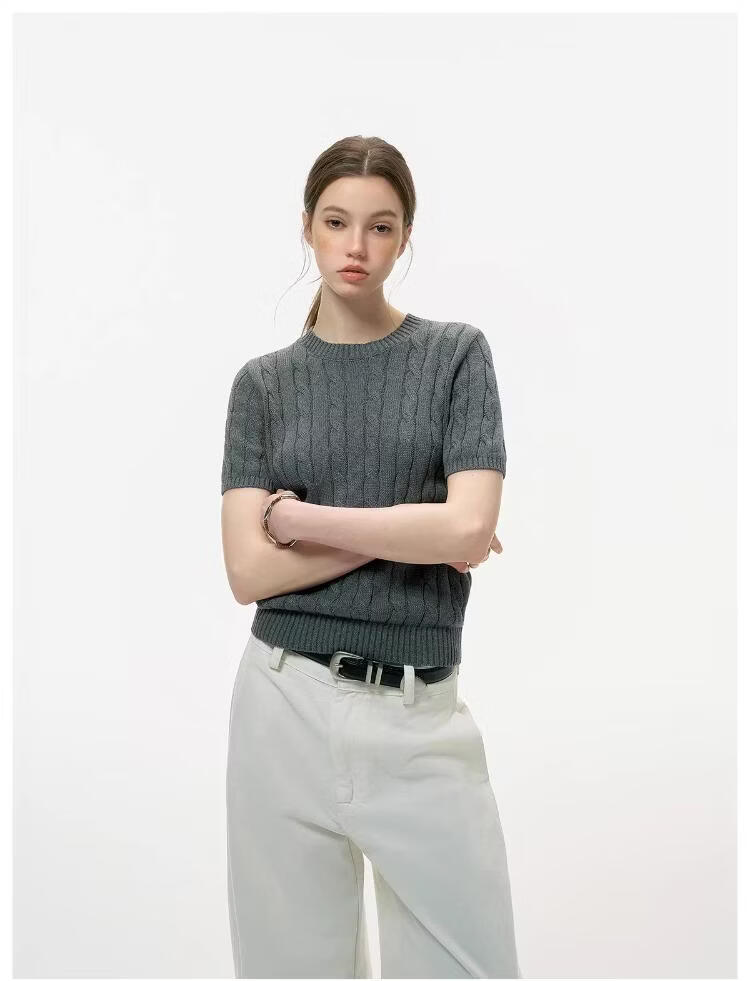 ICH MODE Intelligent Old Money Round Neck Cable Knit Short Sleeve Women's Summer Thin Mesh T-Shirt Pure Cotton Base Top Spring Off-White S 25