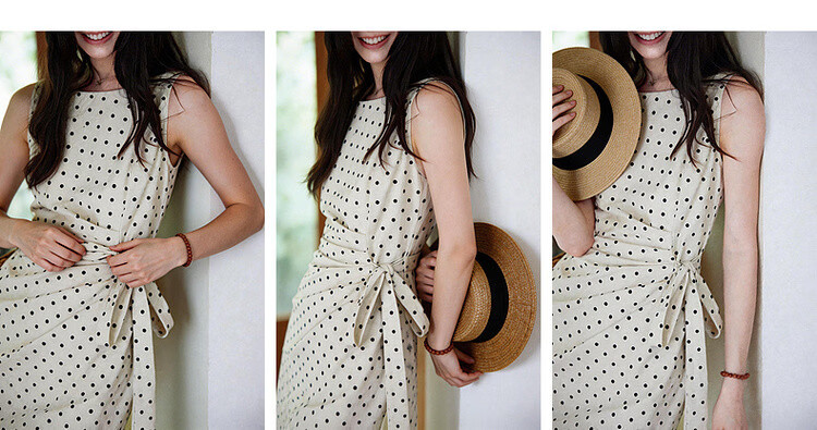 Demana [South of France Holiday] Summer French Elegant Polka Dot Round Neck Sleeveless Side Slit Waist Cinched Dress for Women Premium Quality 6