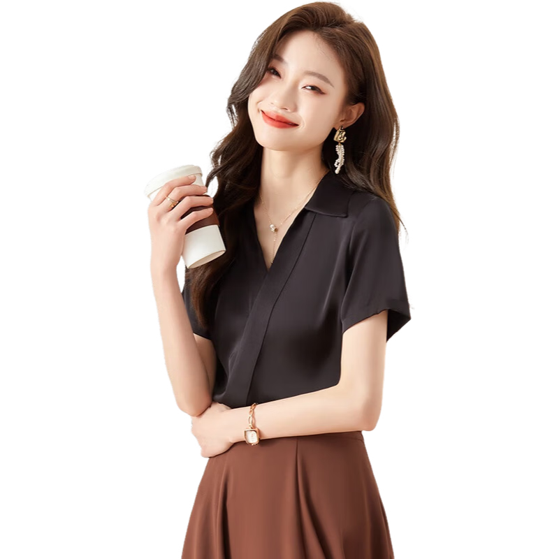Jeanswest Women's Shirt, Summer Short-Sleeve V-Neck Chiffon Professional Lightweight Formal Blouse, Elegant Casual Top, Black, XL