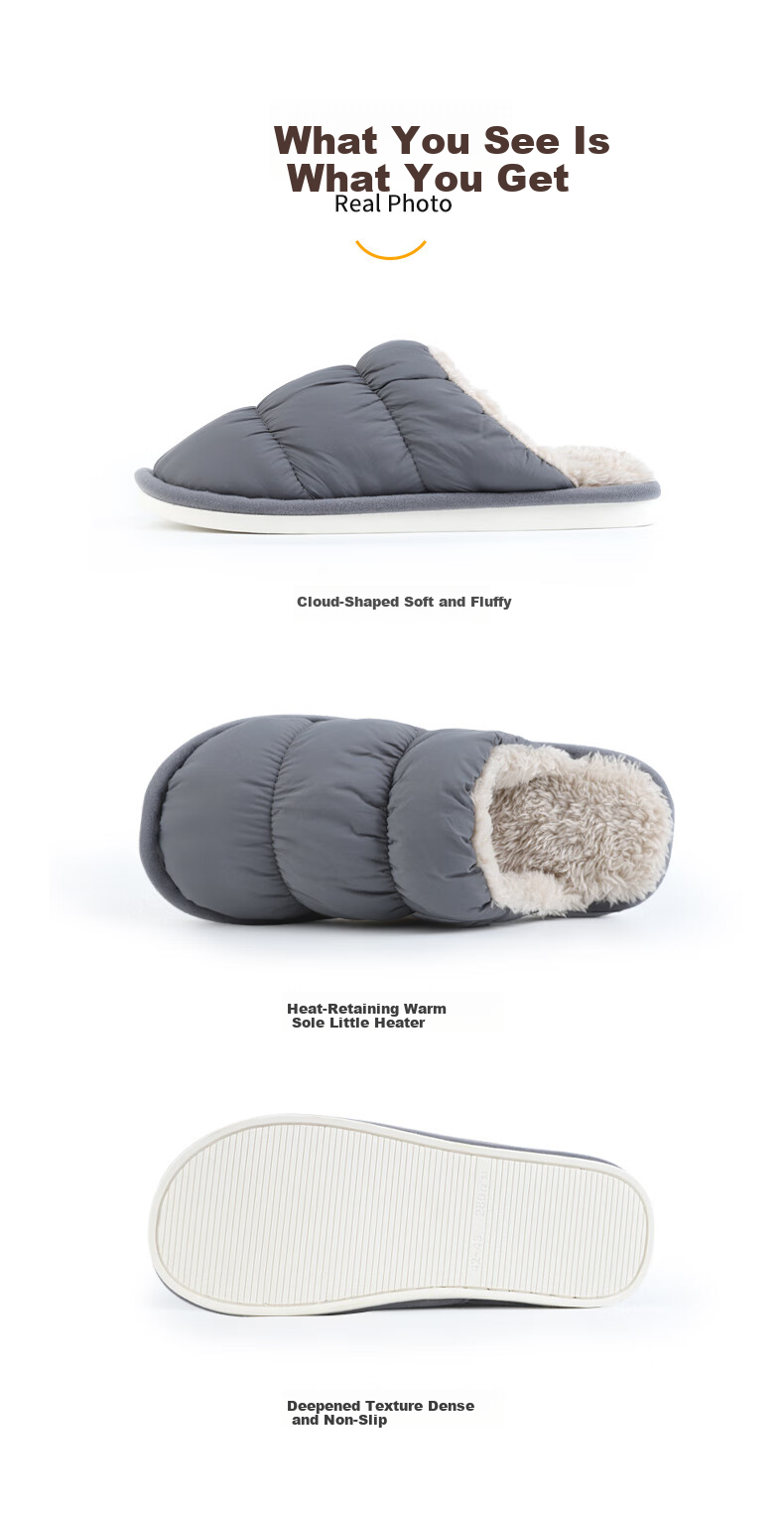FOOTOPPO Women's Waterproof Down Cotton Slippers, Men's Simple Non-Slip Thick-Soled Warm Fleece Home Slippers for Winter 9