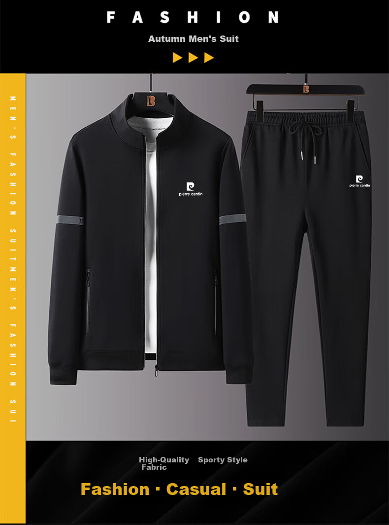 Pierre Cardin Men's Long Sleeve Jacket and Pants Set Autumn Winter Sports Stand Collar Casual Two-Piece Set Black XL 1
