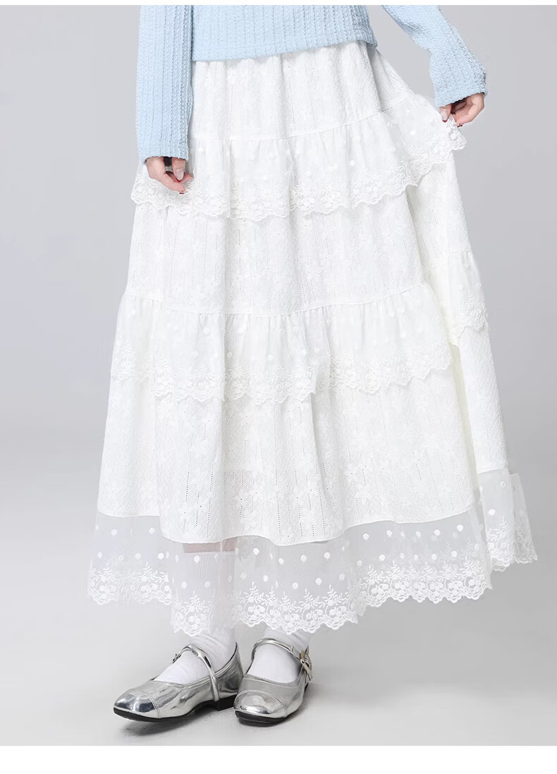 Langsha White Lace Cake Layered High-Waist A-Line Midi Skirt for Women Spring Summer Slim Fit Flowing Fairy Skirt 25