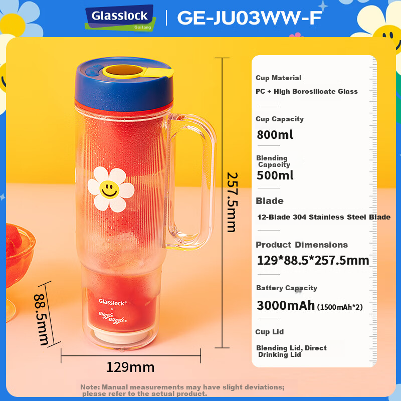 GLASSLOCK GAILANG & WiggleWiggle Collaboration Portable Juicer Glass Blender Cup 12-Blade 304 Stainless Steel Ice Crusher