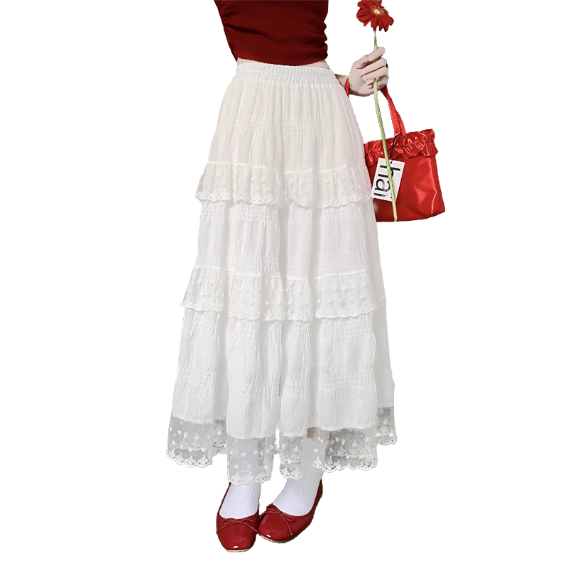 Borui White Design Lace Trim Cake Skirt 2026 New French Style Long Flared A-Line Skirt