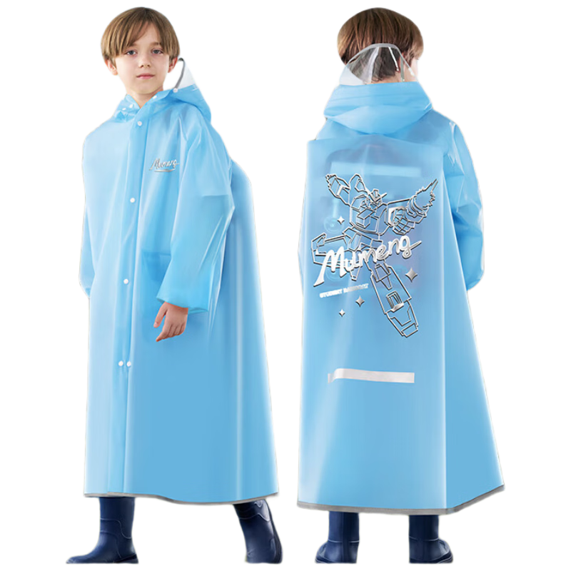 Moremerry Children's Raincoat with Backpack Space for Boys And Girls, Full-Body Waterproof Student School Lightweight TPU Rain Poncho, Blue Jelly, 2XL