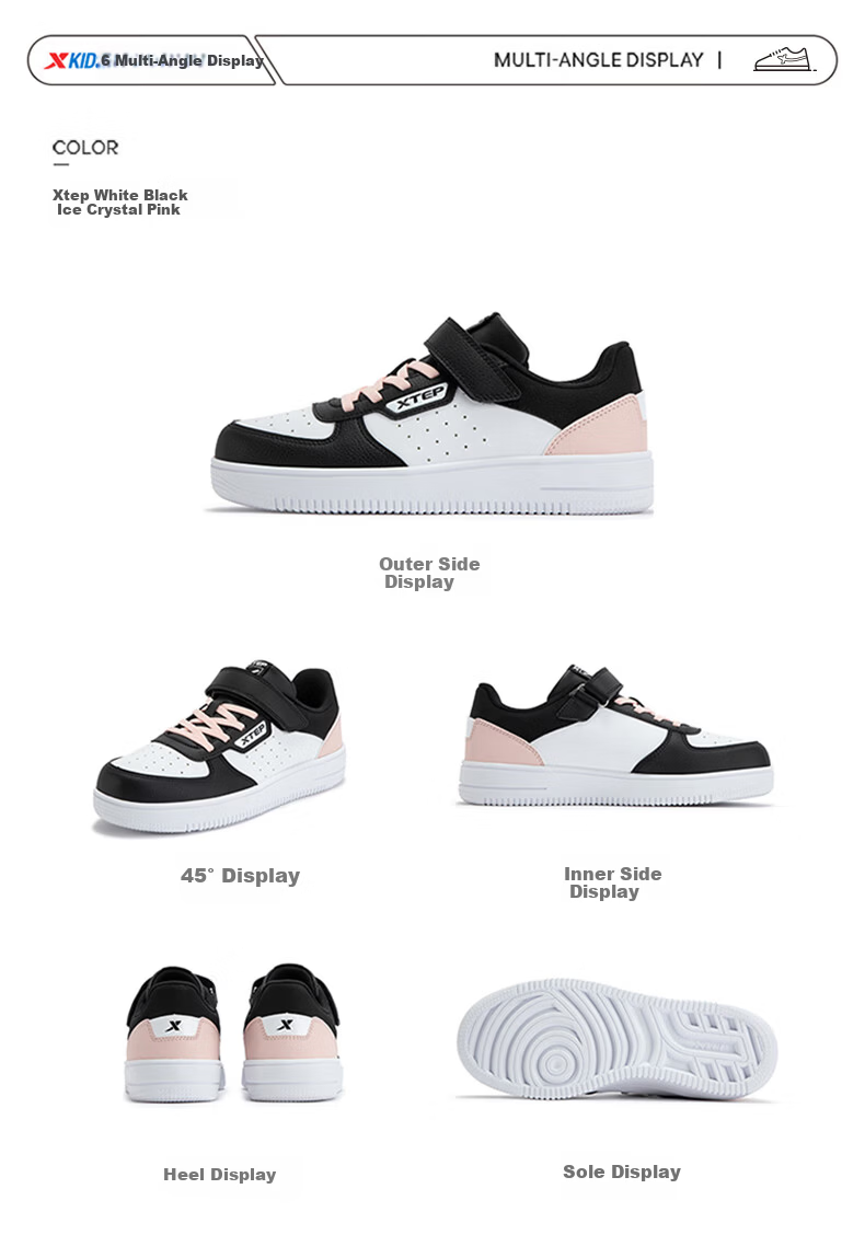 XTEP Kids Sneakers Girls Donut Leather Breathable Sports Shoes XTEP White/Black/Ice Pink Size 36 6