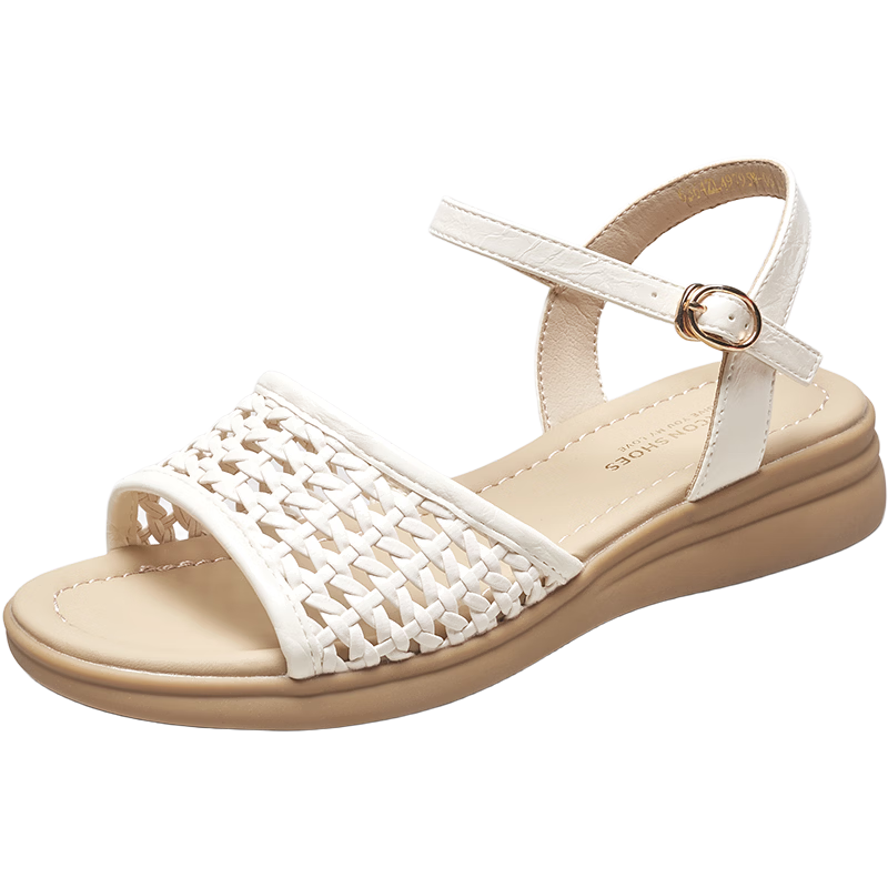 Eierkang Women's Summer Hollow Wedge Mary Jane Sandals Single Strap Middle-aged and Elderly Mom Shoes 49795W Off-white 38
