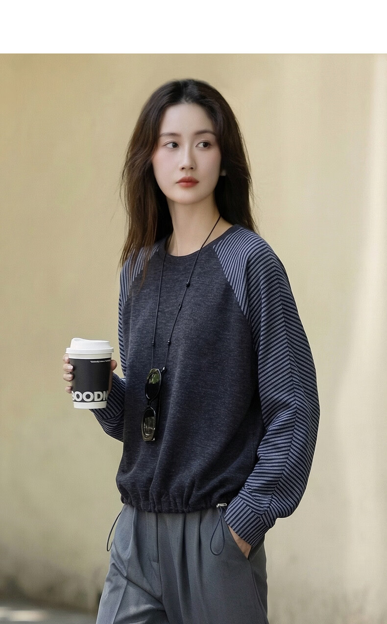 Demana [Free Relax] Autumn Simple Style Crew Neck Patchwork Striped Elastic Loose Slim Sweatshirt for Women Premium Feel 4
