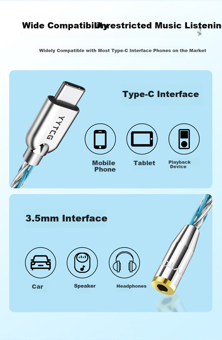 YYTCG Single Crystal Copper Silver-Plated Type-C to 3.5mm Audio Cable CX31993 Chip Headphone Adapter Universal for Apple Xiaomi Samsung Huawei Phones Tablets Speakers Headphones 8