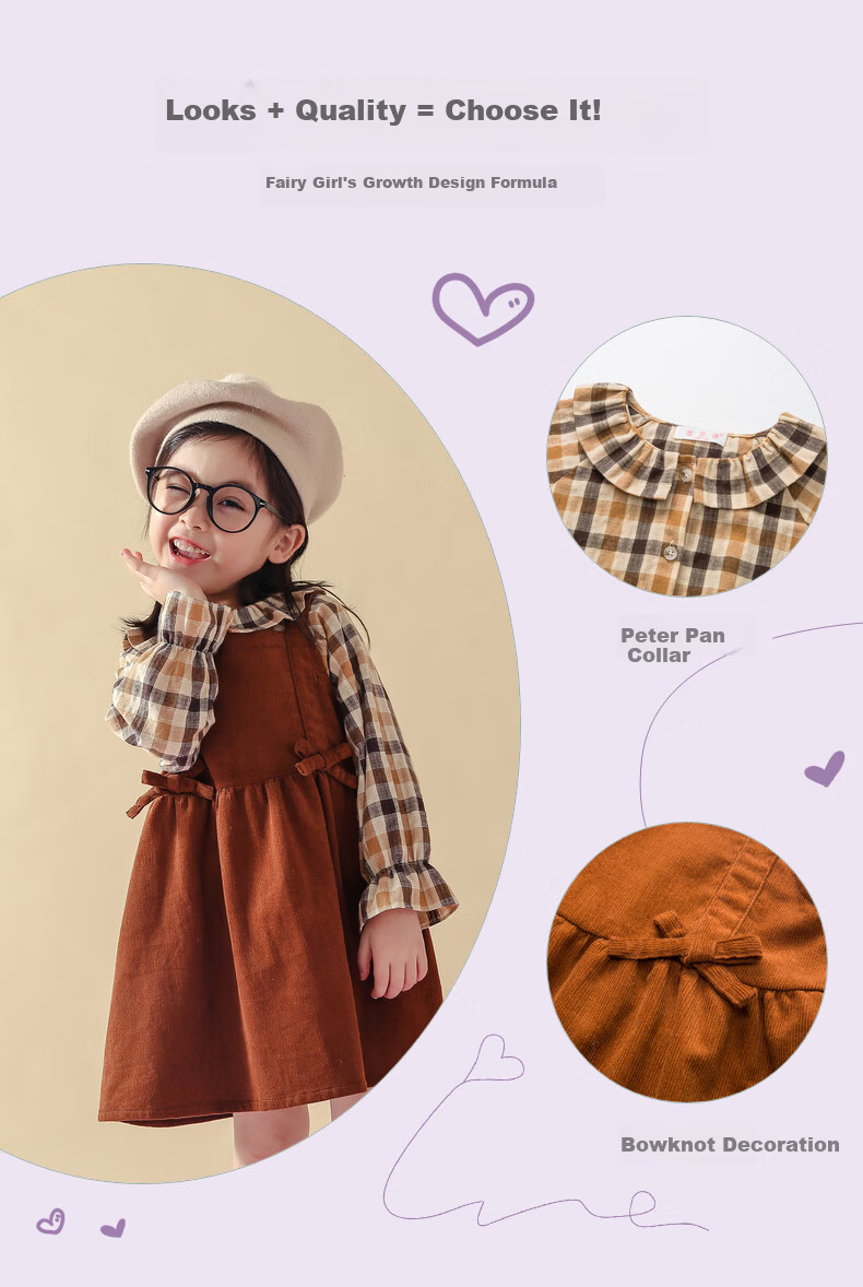 Fulomi Girls Baby Set Spring Autumn Plaid Shirt Vest Dress College Style Two-Piece Coffee Color 110 5