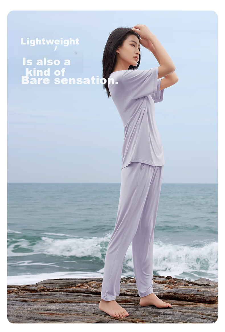 Agentmuse Women's Modal Ultra-Soft Short Sleeve and Long Pants Pajama Set with Chest Pad, Bare Feeling Sleepwear, 812T Tranquil Green, M 7