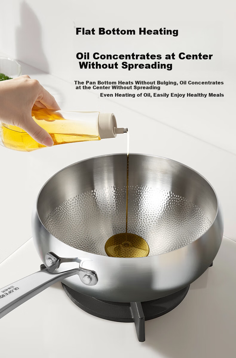 OLOFE 316L Stainless Steel Thickened Large Belly Wok Old Guandong Seventh Generation Mirror Finish No Coating Hammered Small Stir-Fry Pan 24cm 11