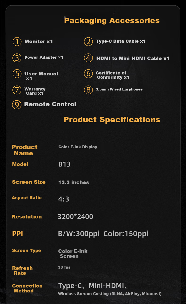 BIGME B13 New 13.3-inch Ultra HD High Refresh Rate Color E-Ink Display Screen Eye Protection Reading 30Hz Color Screen Front Light + Touch Screen 14