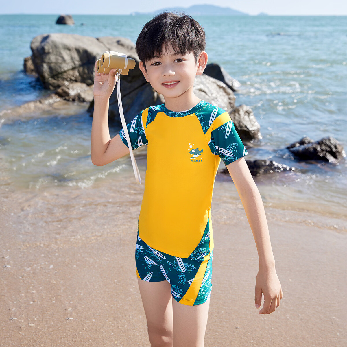 Youyou Kids Boys Short Sleeve Two-Piece Sun Protection Swimwear Professional Training Four-Piece Set 35121 Yellow 5XL