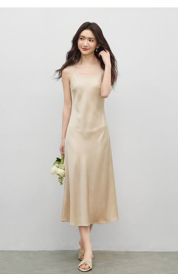 Sentubila Summer Elegant V-Neck Office Camisole Dress, High-End Glossy Sexy Pure Desire Style Mini Dress, Champagne Color, Size L 19