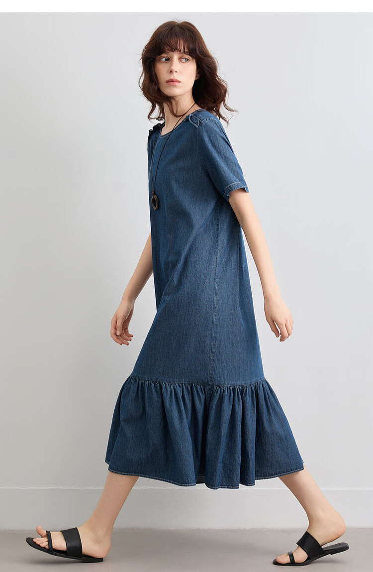 Demana Natural Cloud Oxygen Cotton Summer Vintage Casual Washed Round Neck Ruffle A-Line Slimming Women's Denim Dress 17