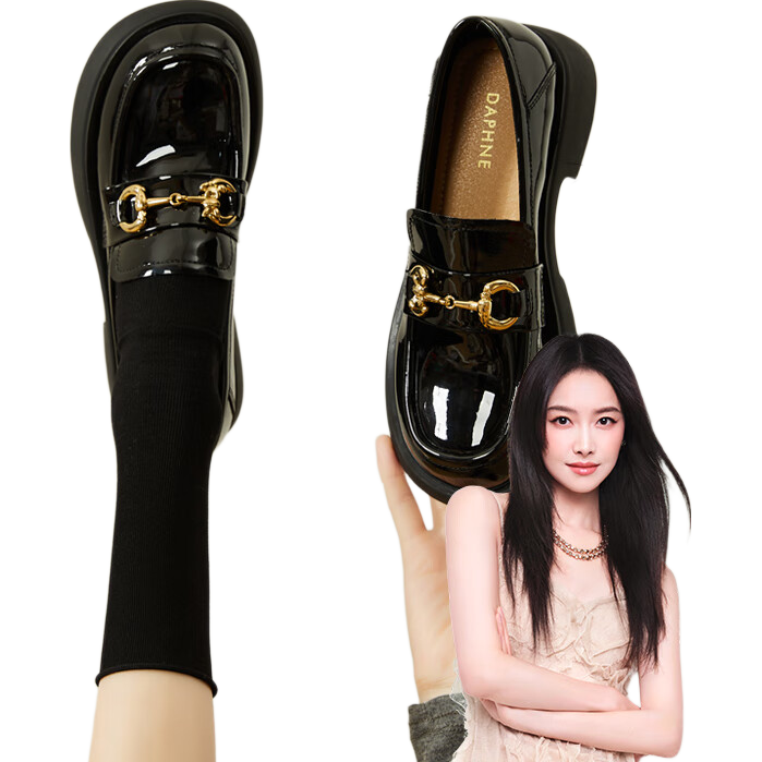 DAPHNE Loafers Thick Sole Women's Shoes Spring Autumn New Retro Chunky Heel British Style Leather Shoes Black 37