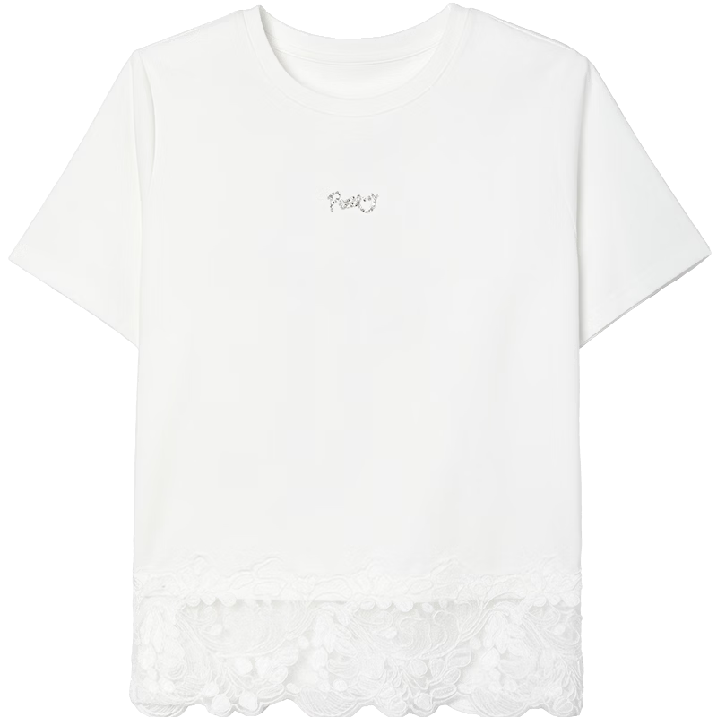 Demana [Qinshuang Solona] Summer Simple Style Rhinestone Lace Trim Letter Slim Fit T-Shirt for Women Premium Feel